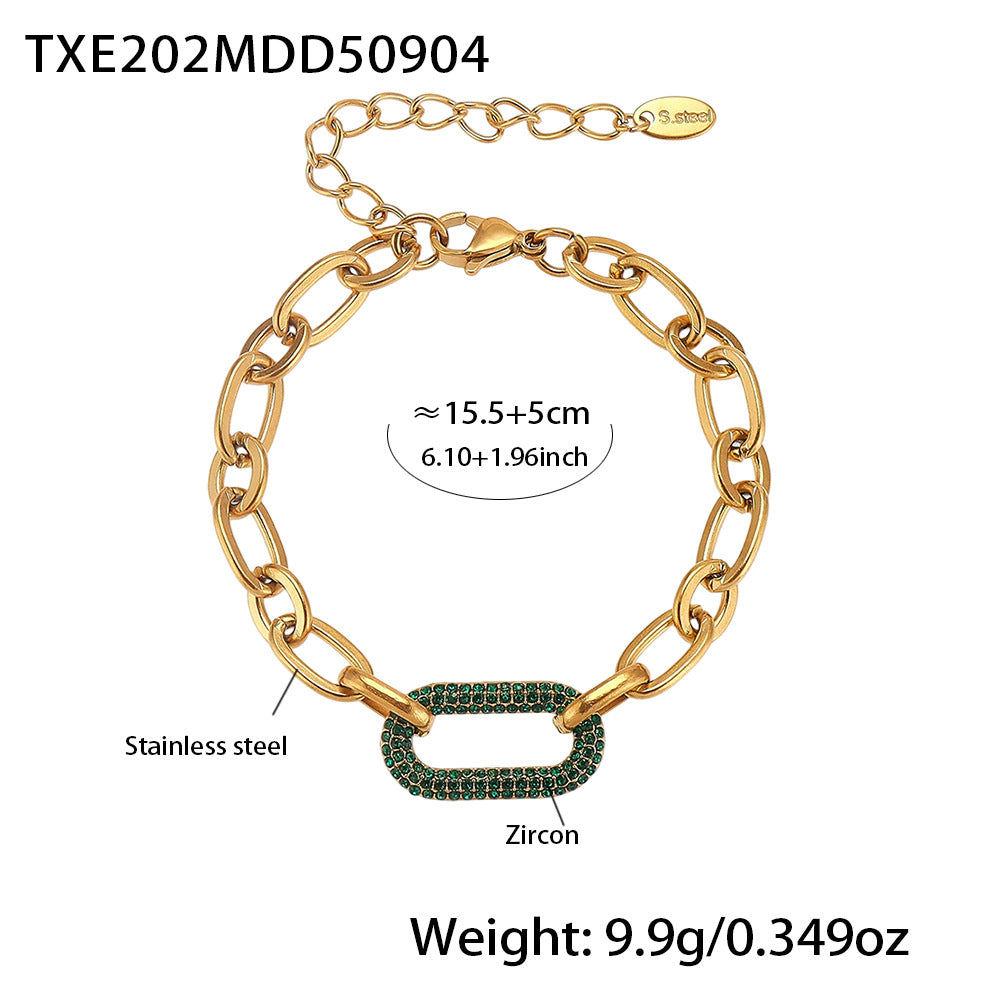 Zircon Chain Link Necklace & Bracelet — Light‑Luxury Stainless Steel Jewelry Set (Gold/Silver, Green Zircon Options)