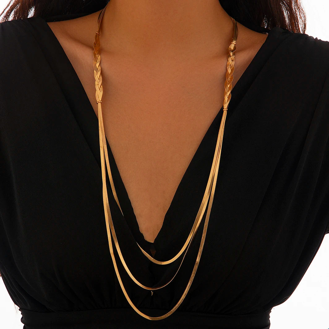 Multi‑Layered Braided Gold Necklace | Elegant Triple‑Layer Draped Gold‑Tone Statement Jewelry