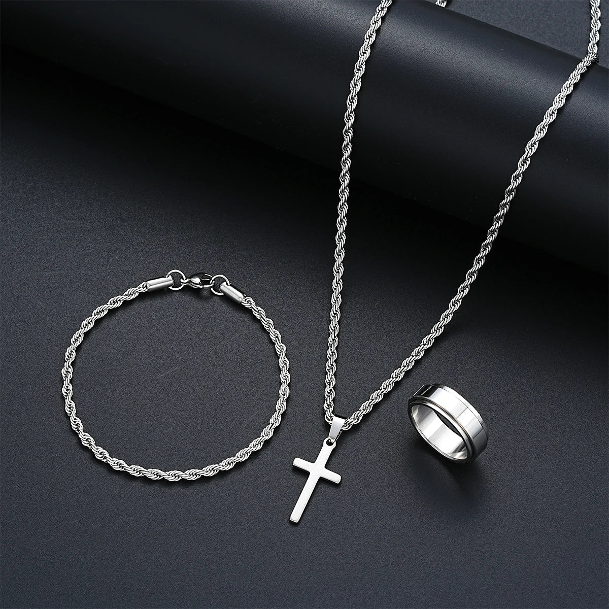 Stainless Steel Cross Jewelry Set | Unisex Cross Necklace & Ring Casual Sporty Style