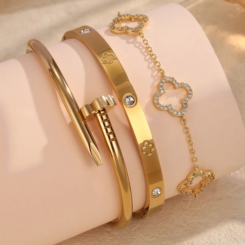 Stacked Nail‑Style Bracelet — Four‑Leaf Clover Zircon Bangle, 18K Gold‑Plated Unisex Jewelry