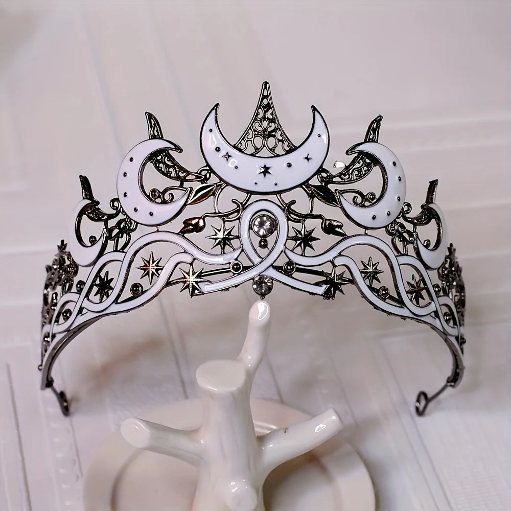 Gothic Moon & Star Tiara | Silver‑Black Celestial Crown