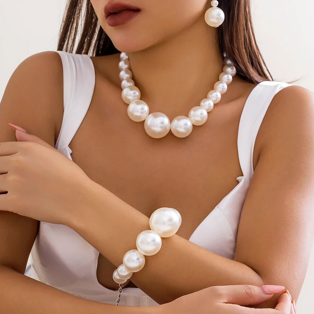 Bold Imitation Pearl Choker & Bracelet Set — Chunky Maxi Chain Goth/Grunge Jewelry (2‑Piece)