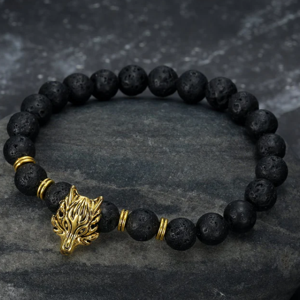 Wolf Head Lava Stone Bracelet | Viking‑Inspired Natural Stone Unisex Stretch Wristband