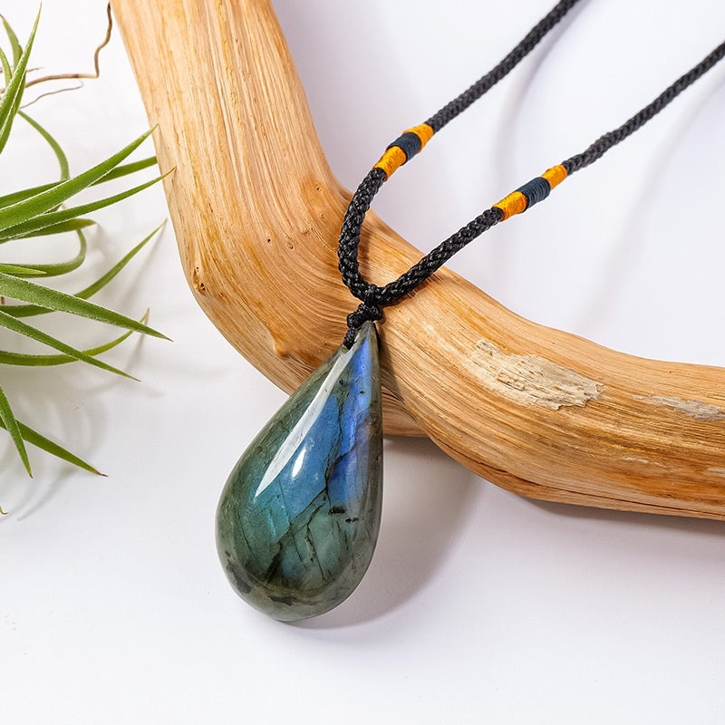 Natural Labradorite Waterdrop Pendant Necklace — Polished Gemstone Drop with Custom Chain Options