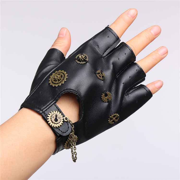 Steampunk Fingerless Gloves with Gears | PU Leather Punk Cosplay Gloves
