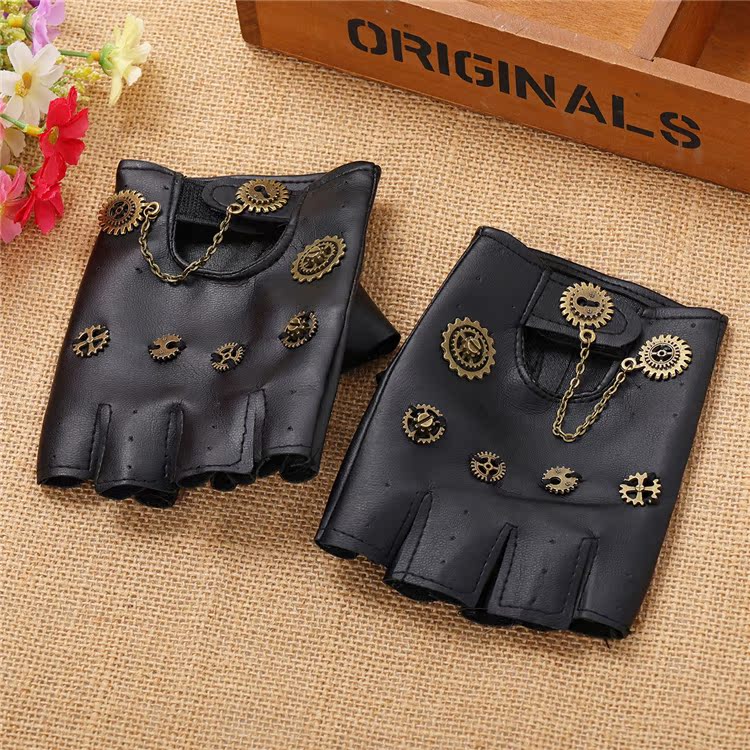 Steampunk Fingerless Gloves with Gears | PU Leather Punk Cosplay Gloves