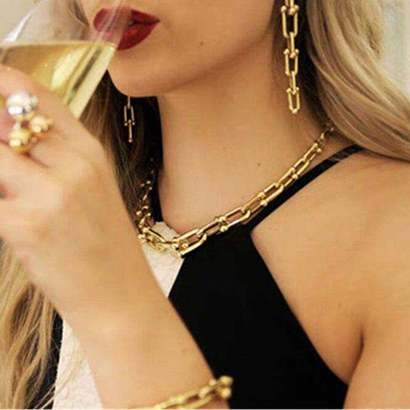 Minimal Horseshoe‑Buckle Chain Jewelry | Modern Electroplated Alloy Earrings, Necklace, Bracelet & Anklet Set