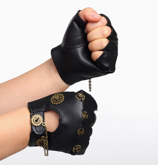 Steampunk Fingerless Gloves with Gears | PU Leather Punk Cosplay Gloves