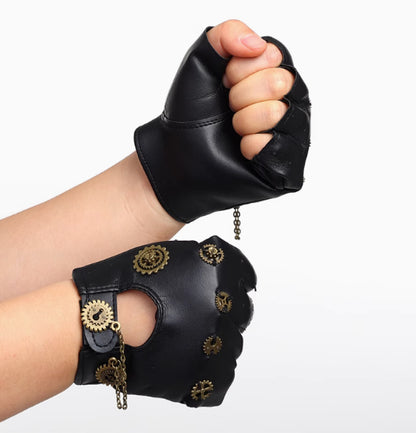 Steampunk Fingerless Gloves with Gears | PU Leather Punk Cosplay Gloves