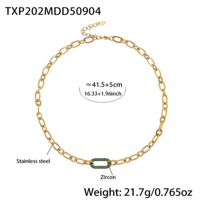 Zircon Chain Link Necklace & Bracelet — Light‑Luxury Stainless Steel Jewelry Set (Gold/Silver, Green Zircon Options)