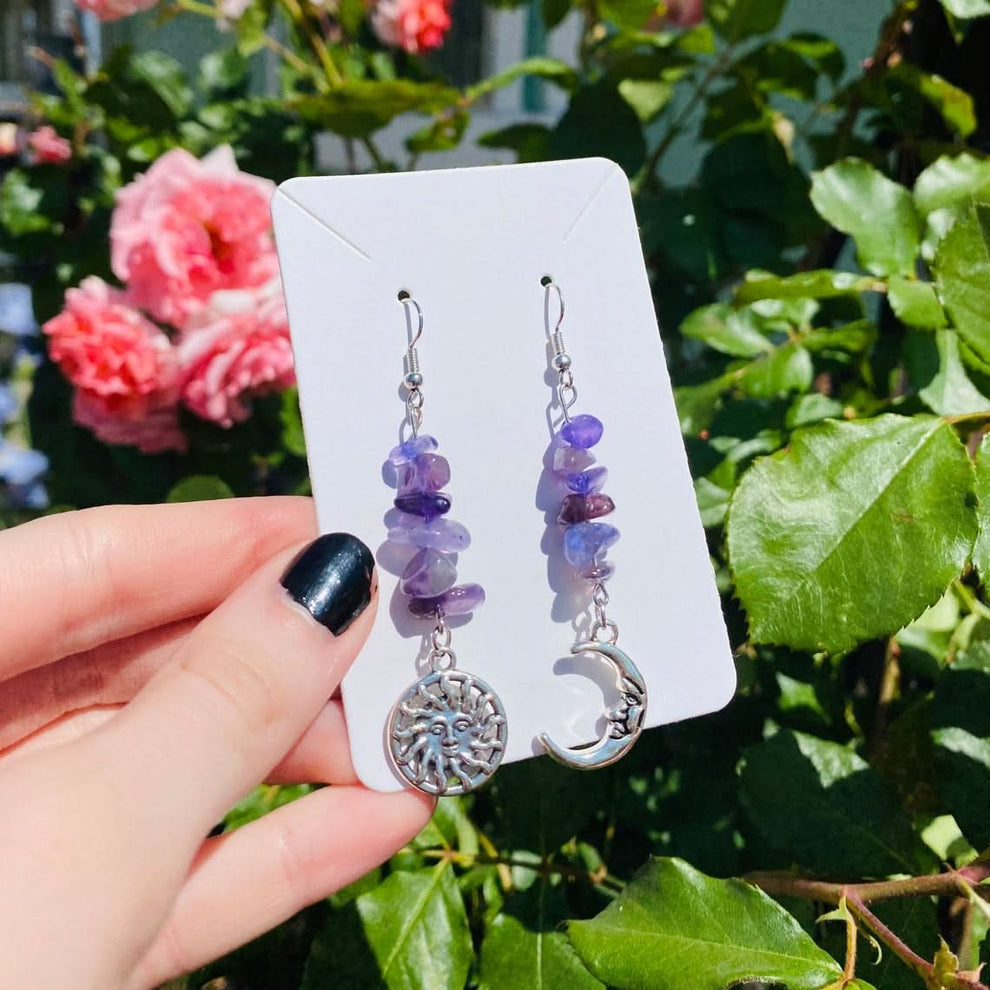 Sun moon amethyst earrings styled lookbook