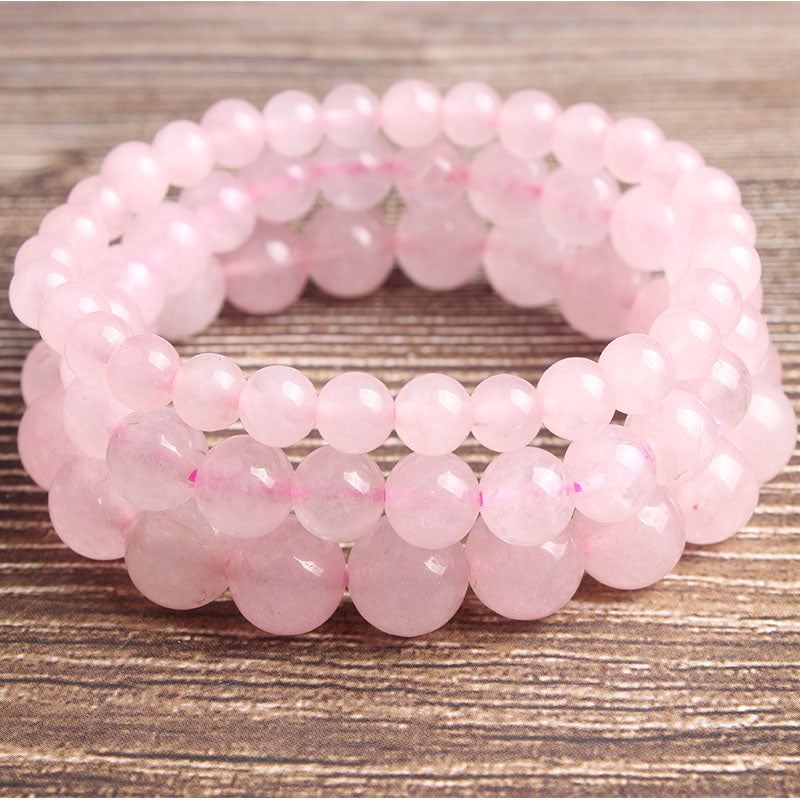 Pink Crystal Natural Stone Bracelet — Unisex Round Bead Bracelet (4mm–12mm), Minimalist Energy Jewelry