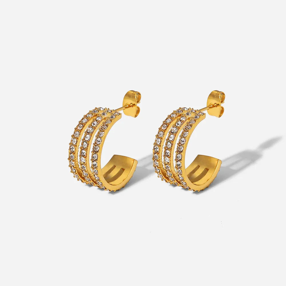 Stainless steel zircon C-hoop earrings in 18K gold — main view