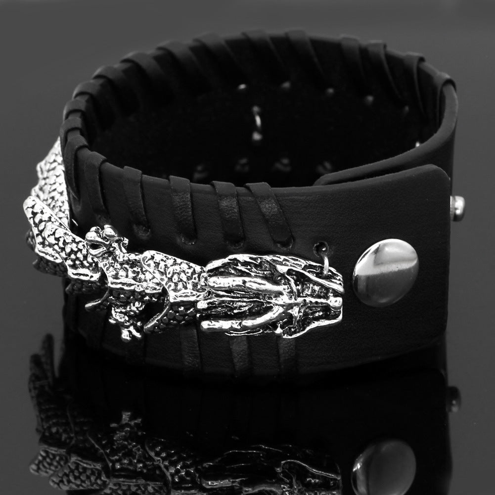 Viking Dragon Leather Bracelet | Norse Mythology Mixed‑Material Unisex Wristband
