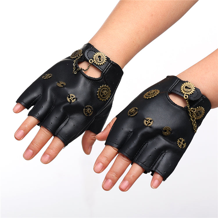 Steampunk Fingerless Gloves with Gears | PU Leather Punk Cosplay Gloves