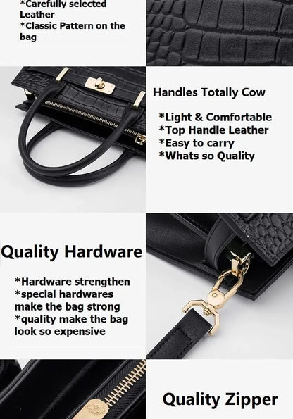 Genuine Cowhide Leather Tote Handbag - Structured Business Shoulder Bag