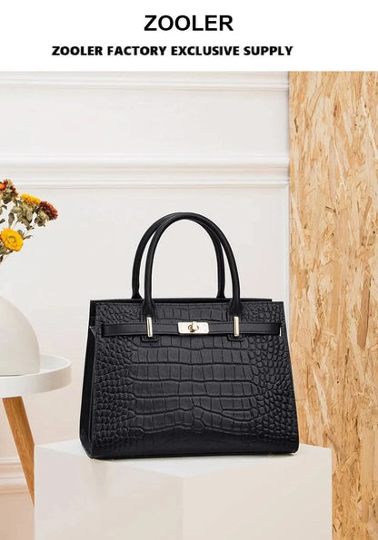 Genuine Cowhide Leather Tote Handbag - Structured Business Shoulder Bag