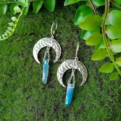 Celestial Moon Quartz Drop Earrings - Raw Crystal Witchy Bohemia Jewelry