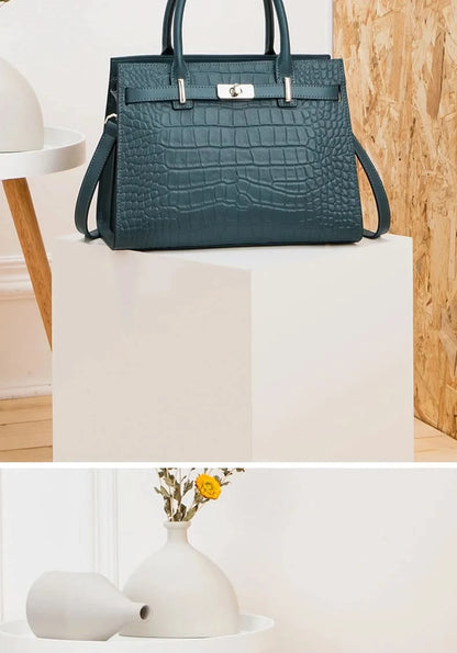 Genuine Cowhide Leather Tote Handbag - Structured Business Shoulder Bag