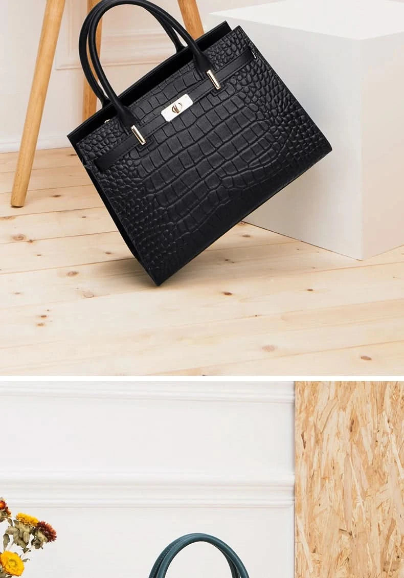Genuine Cowhide Leather Tote Handbag - Structured Business Shoulder Bag