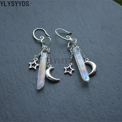 Celestial Moon Quartz Drop Earrings - Raw Crystal Witchy Bohemia Jewelry