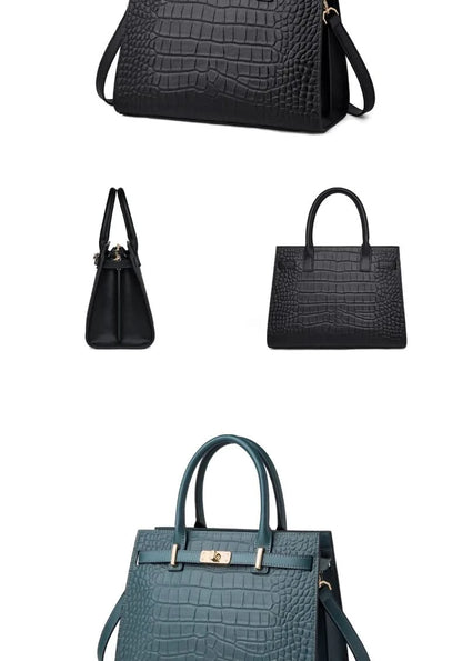 Genuine Cowhide Leather Tote Handbag - Structured Business Shoulder Bag