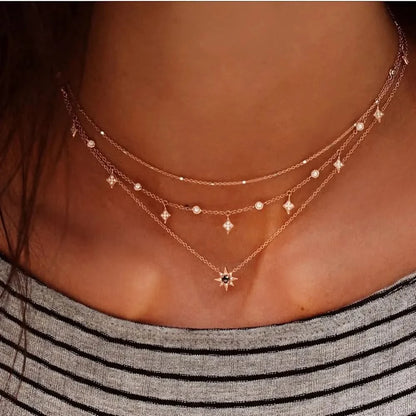 Boho multilayer crystal star necklace — main view
