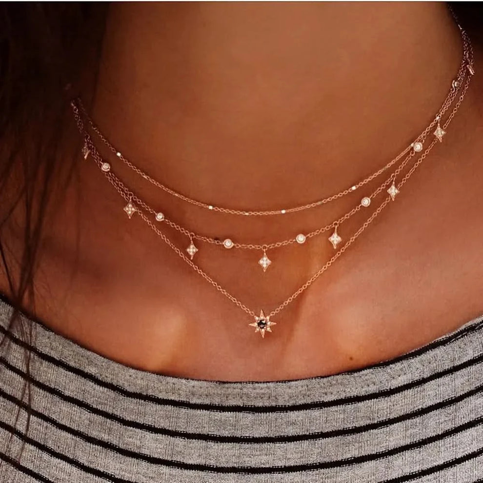 Boho multilayer crystal star necklace — main view