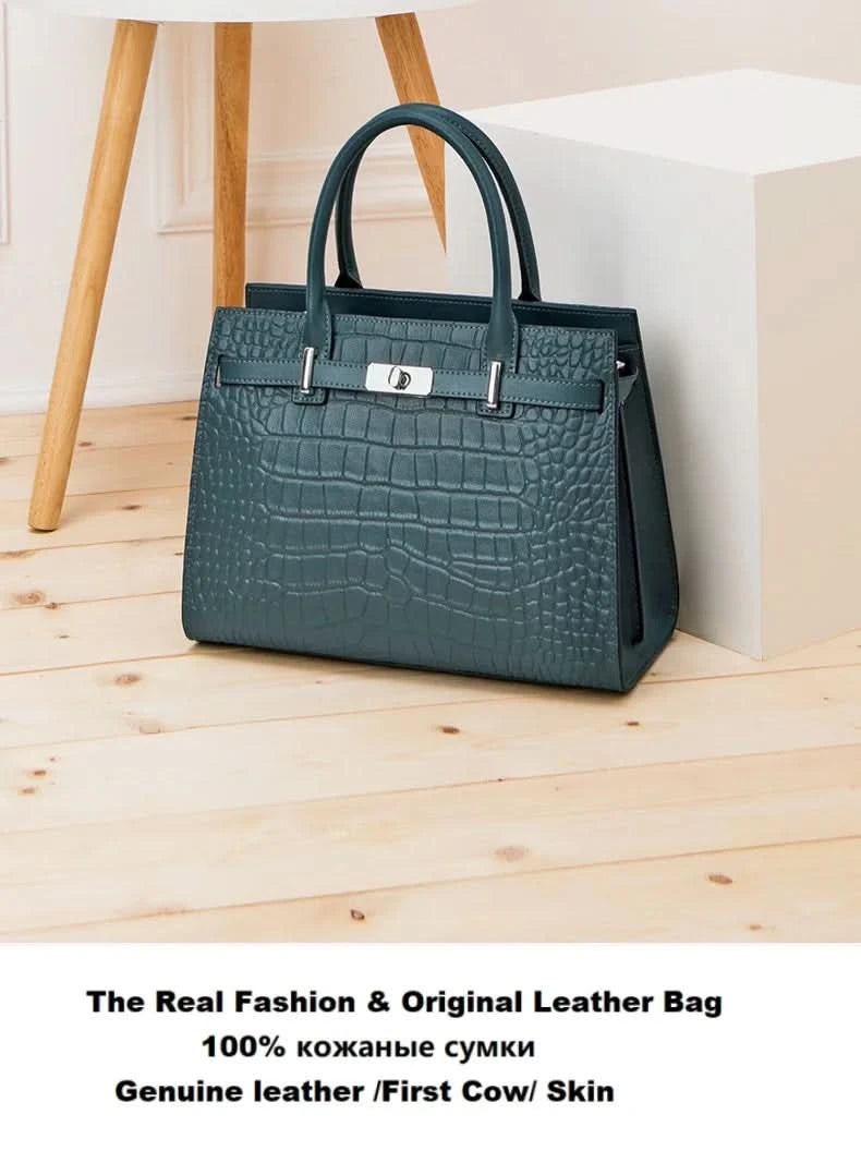 Genuine Cowhide Leather Tote Handbag - Structured Business Shoulder Bag