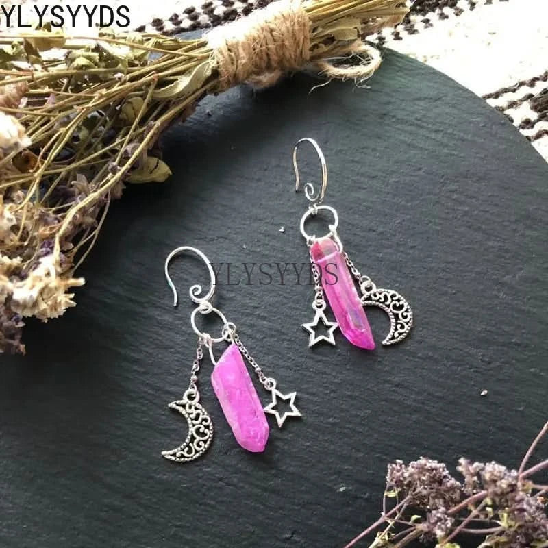 Celestial Moon Quartz Drop Earrings - Raw Crystal Witchy Bohemia Jewelry