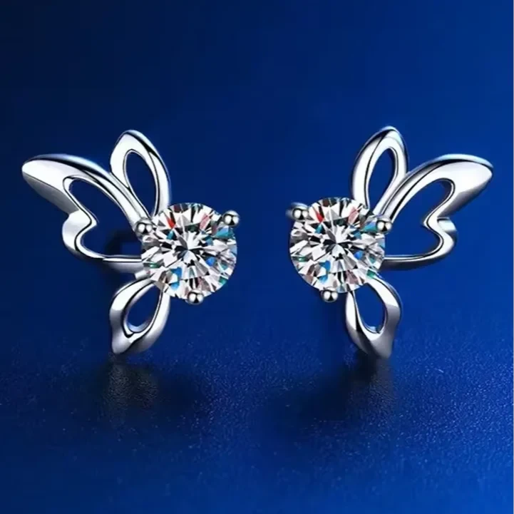 Butterfly moissanite stud earrings in 925 silver — main view