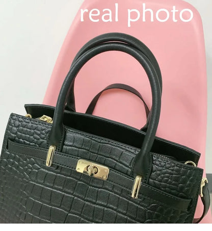 Genuine Cowhide Leather Tote Handbag - Structured Business Shoulder Bag