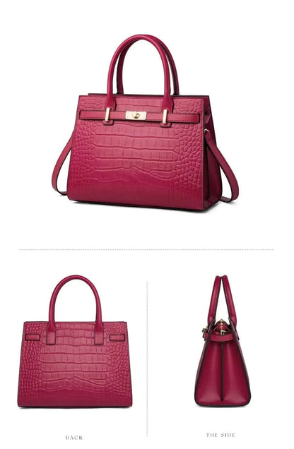 Genuine Cowhide Leather Tote Handbag - Structured Business Shoulder Bag