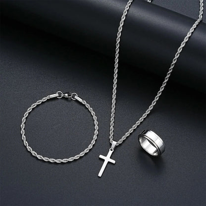 Stainless steel cross jewelry set — main view