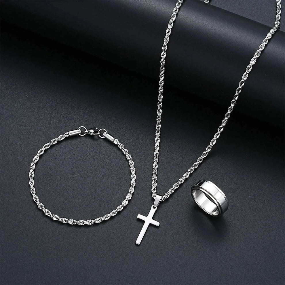 Stainless steel cross jewelry set — main view