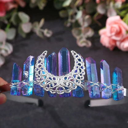 Wire-Wrapped Moon Crystal Crown - Natural Quartz Tiara, Handmade Hair Accessory