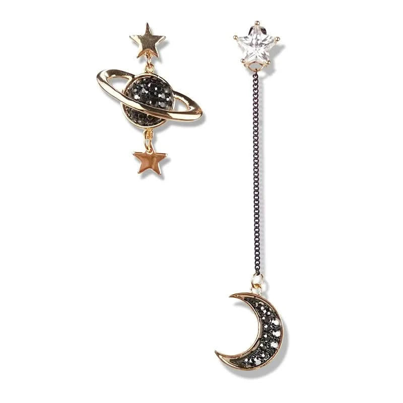 Sun moon earrings worn on model