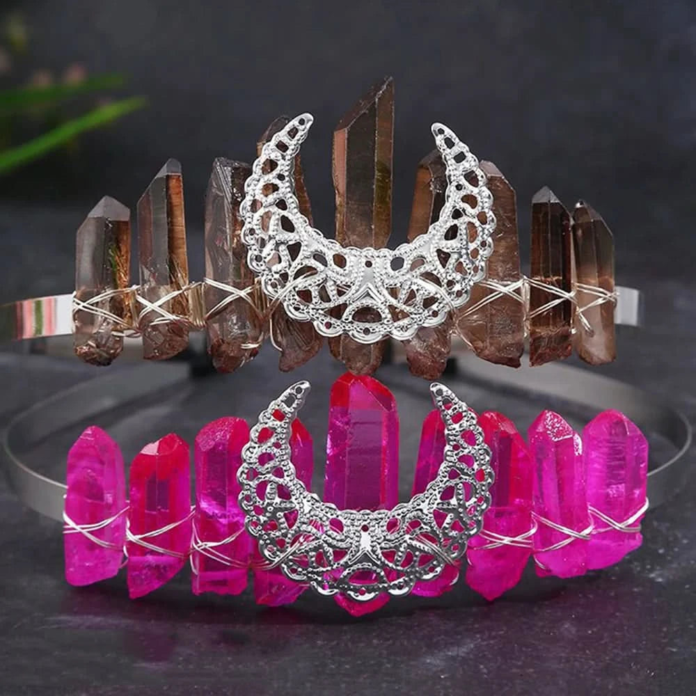 Wire-Wrapped Moon Crystal Crown - Natural Quartz Tiara, Handmade Hair Accessory