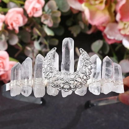 Wire-Wrapped Moon Crystal Crown - Natural Quartz Tiara, Handmade Hair Accessory