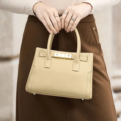 Genuine Cowhide Leather Tote Handbag - Structured Business Shoulder Bag