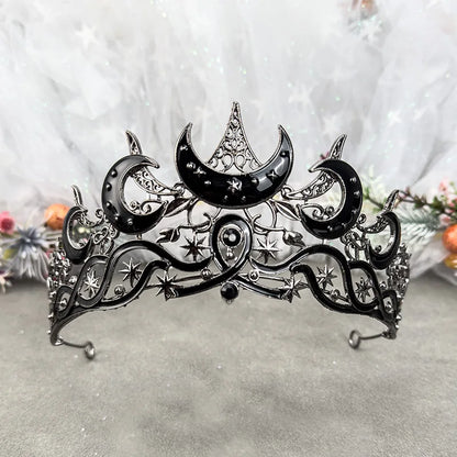 Gothic Moon & Star Tiara | Silver‑Black Celestial Crown