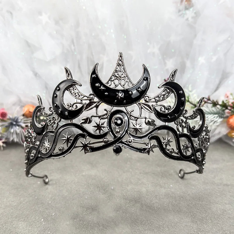 Gothic Moon & Star Tiara | Silver‑Black Celestial Crown