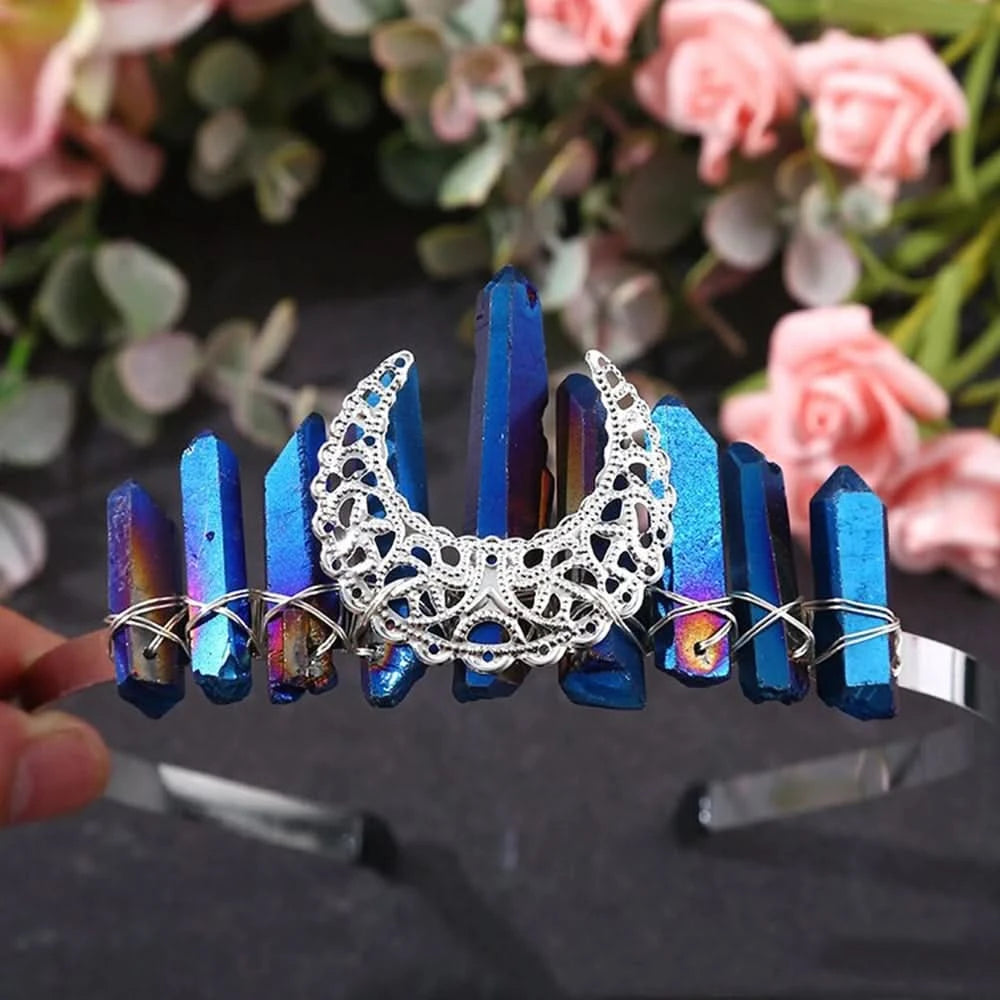 Wire-Wrapped Moon Crystal Crown - Natural Quartz Tiara, Handmade Hair Accessory