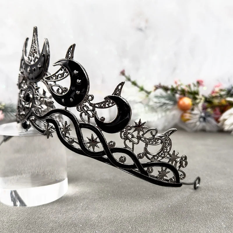 Gothic Moon & Star Tiara | Silver‑Black Celestial Crown