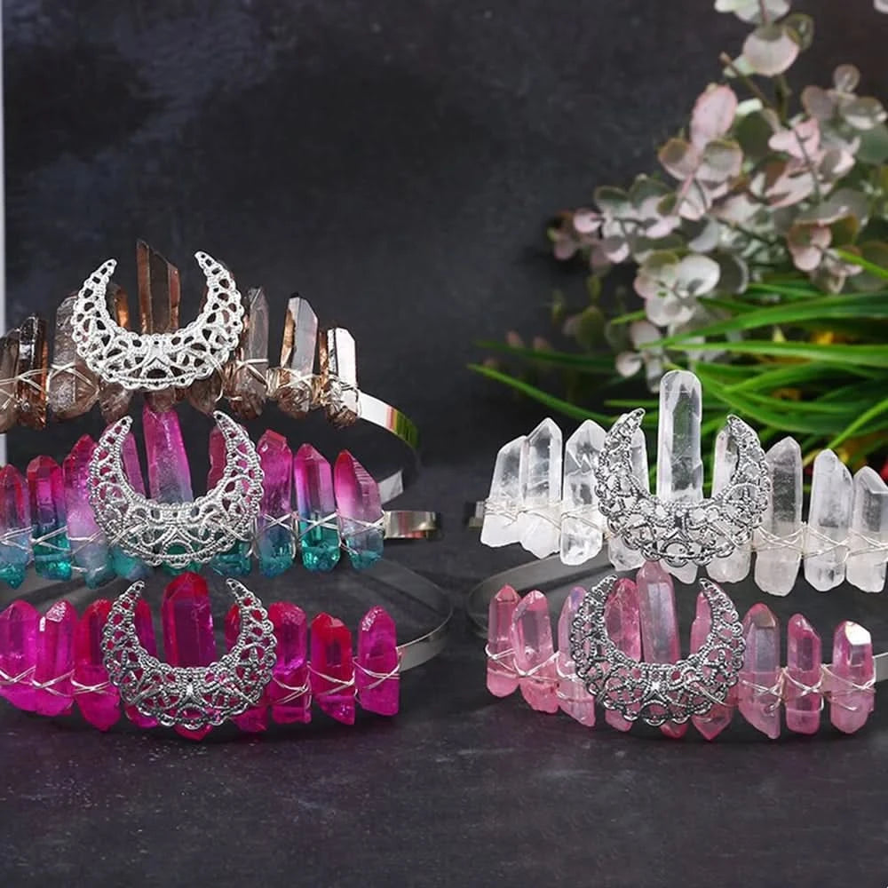 Wire-Wrapped Moon Crystal Crown - Natural Quartz Tiara, Handmade Hair Accessory
