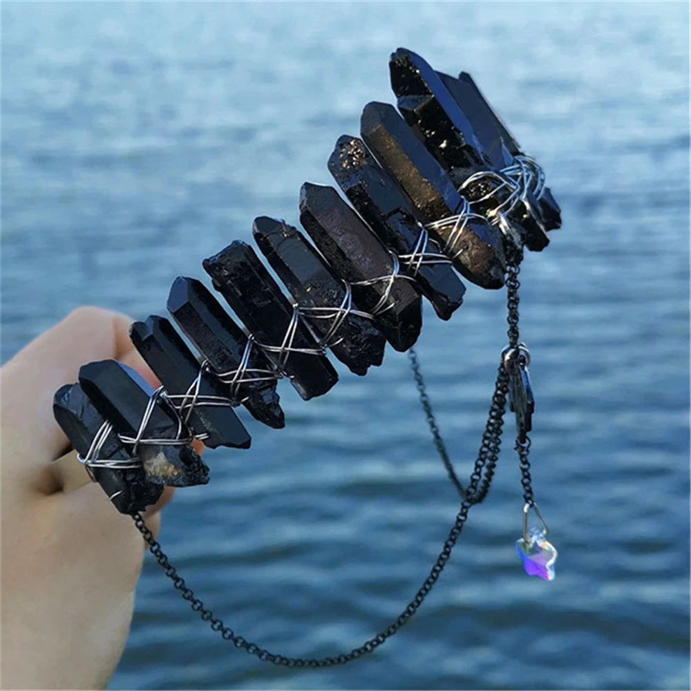 Gothic Bat Moon Crystal Crown | Handmade Black Crystal Tiara Fantasy Hair Accessory
