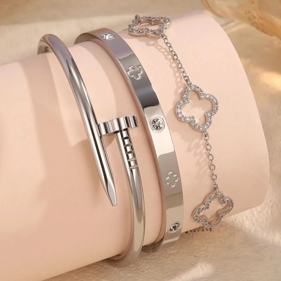 Four-leaf clover zircon nail bangle full view