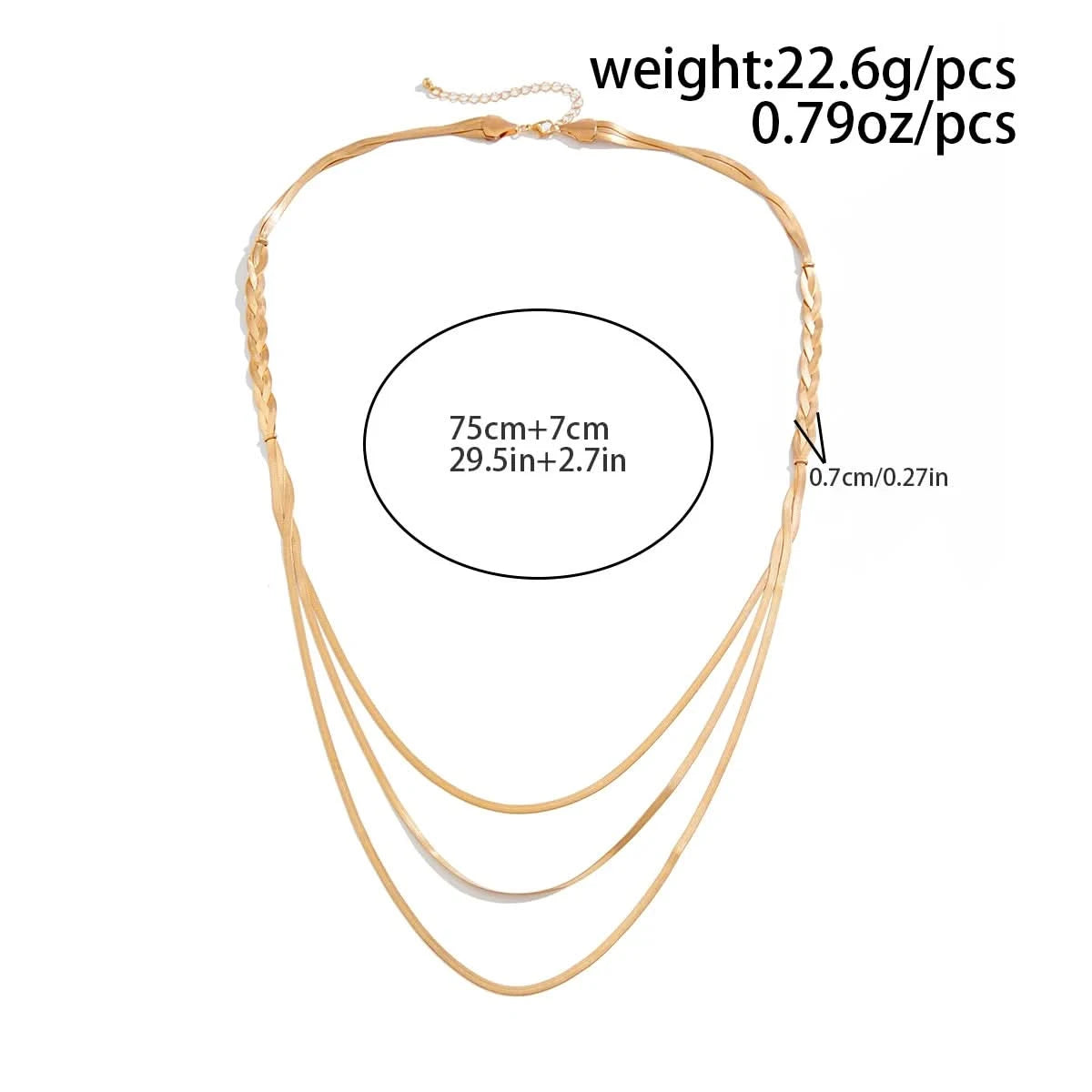 Braided gold necklace worn on model