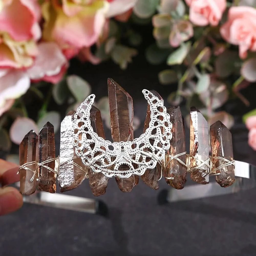 Wire-Wrapped Moon Crystal Crown - Natural Quartz Tiara, Handmade Hair Accessory