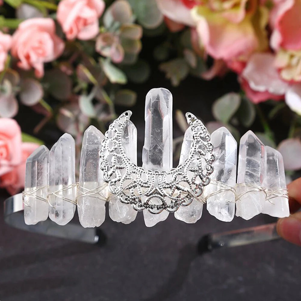 Luxury Wire‑Wrapped Moon Crystal Crown | Natural Crystal Tiara Handmade Hair Accessory